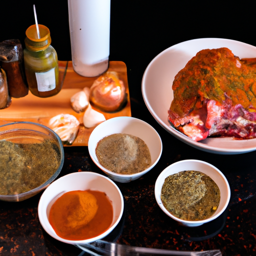 A selection of ingredients formaking Dutch Oven BBQ Pork, including pork shoulder, BBQ sauce, and various spices.